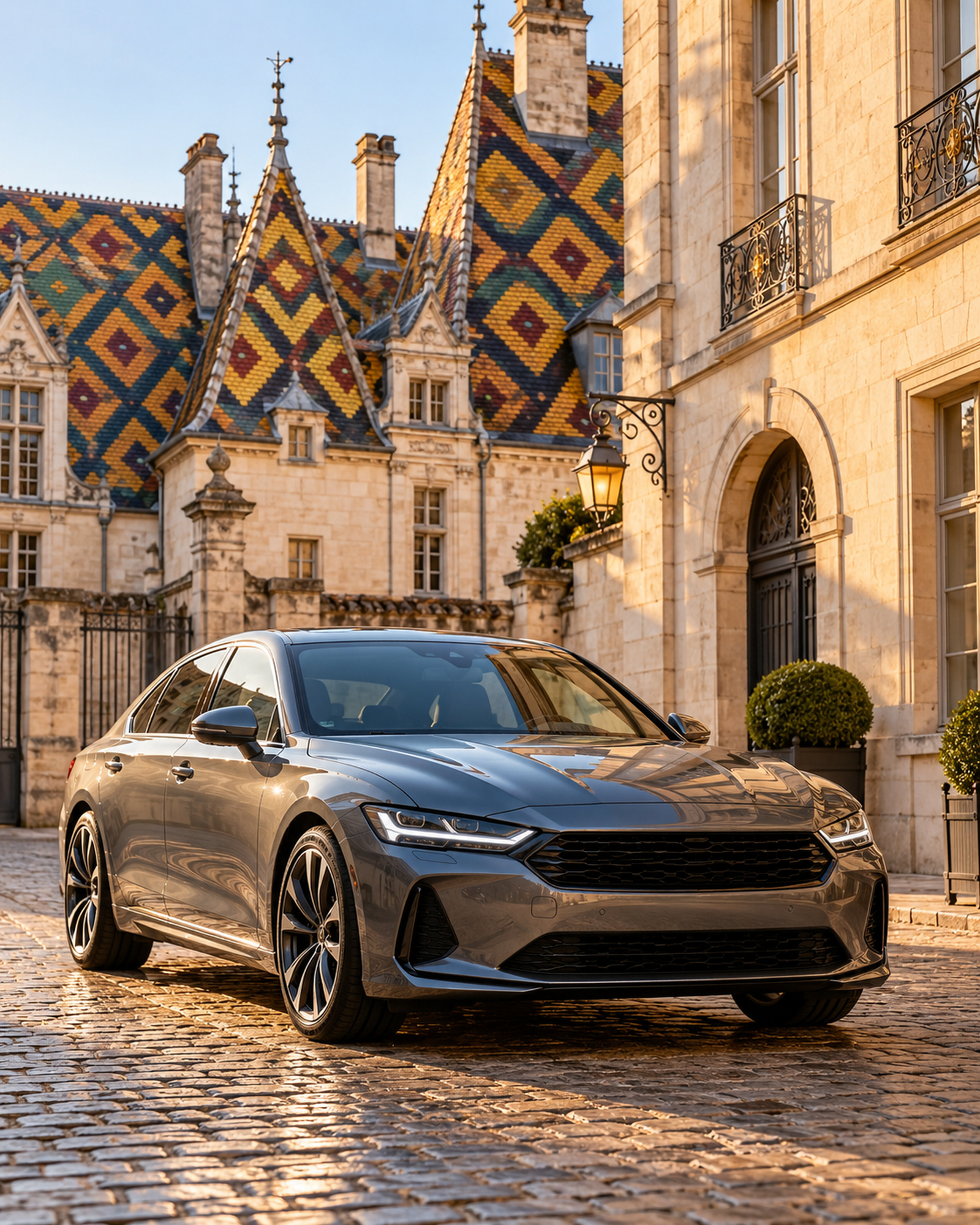 voiture propre devant une façade aux toits vernissés
